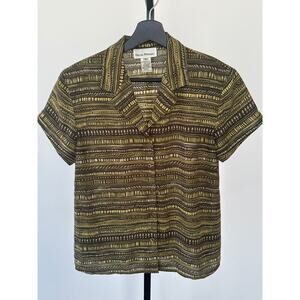 Rene Rowan Short Sleeve Button Down Olive Green Patterned Top Size 6